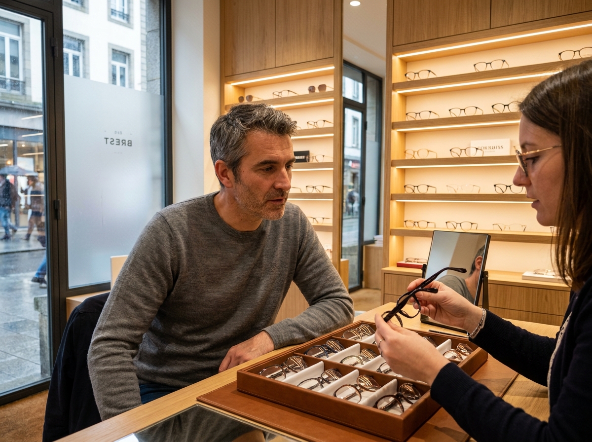 Homme en consultation avec un opticien dans une boutique de lunettes à Brest