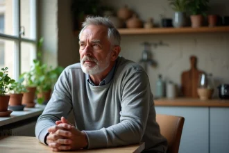 Homme d'âge moyen dans une cuisine parisienne lumineuse