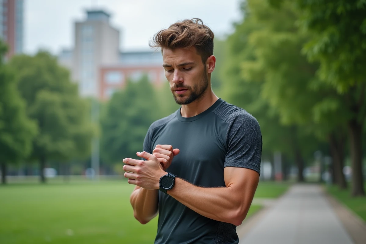Jeune homme courant dans un parc urbain avec montre sportive