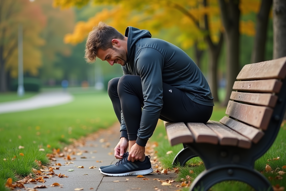 Homme d age moyen prépare ses chaussures de course dans un parc