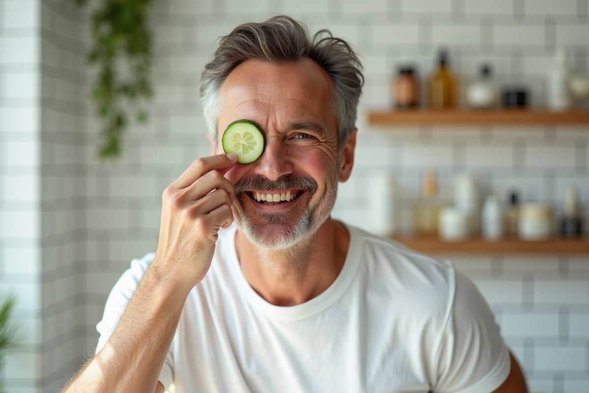 Homme appliquant un concombre sous l