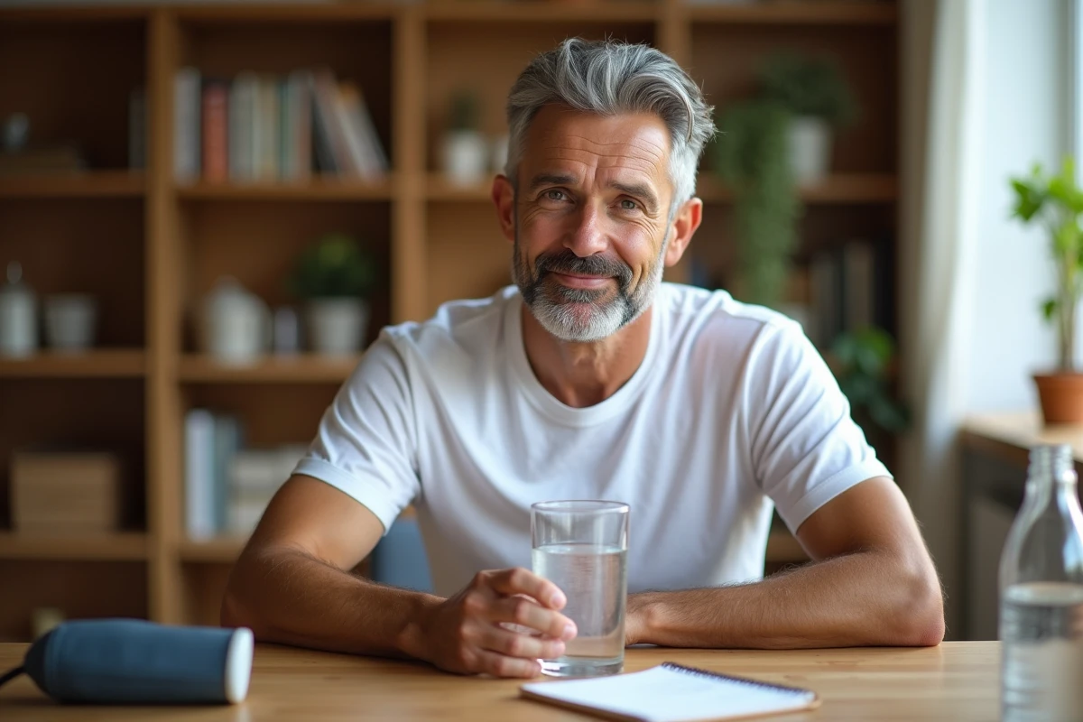 Homme d'âge moyen buvant un verre d'eau à côté d'un tensiomètre, illustrant le lien entre consommation d'eau minérale et contrôle de la tension artérielle