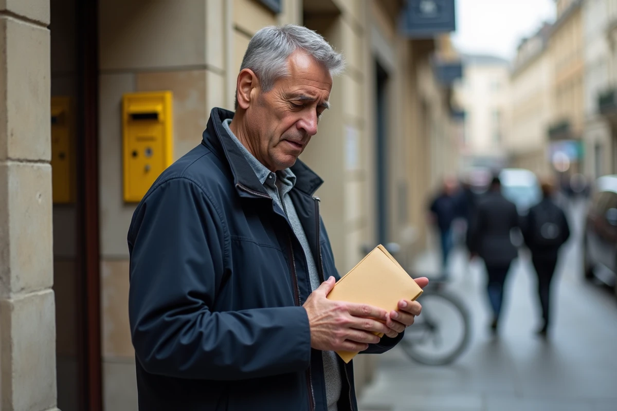 Homme tenant une enveloppe devant une boîte aux lettres jaune en milieu urbain