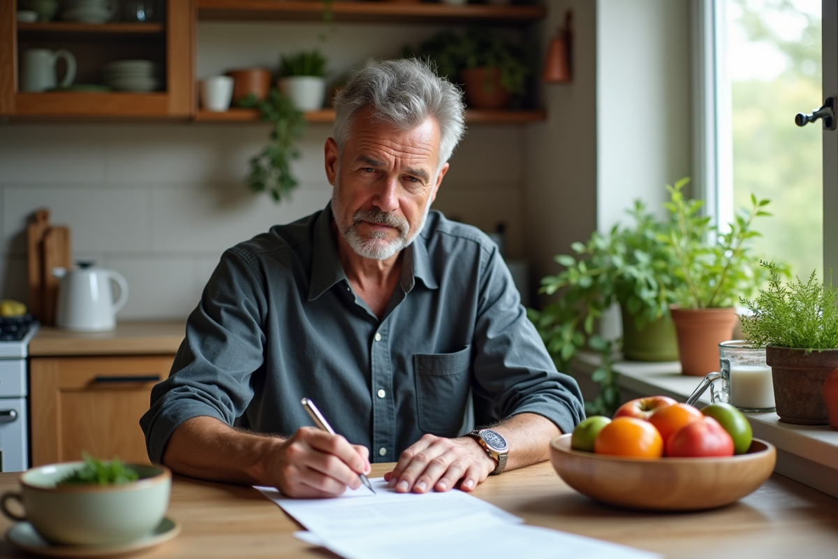 Homme remplit un formulaire alimentaire dans la cuisine
