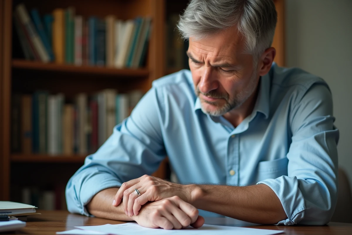 Homme d'une cinquantaine d'années tenant son bras gauche avec inquiétude, assis à un bureau, illustrant des fourmillements récurrents dans le bras gauche