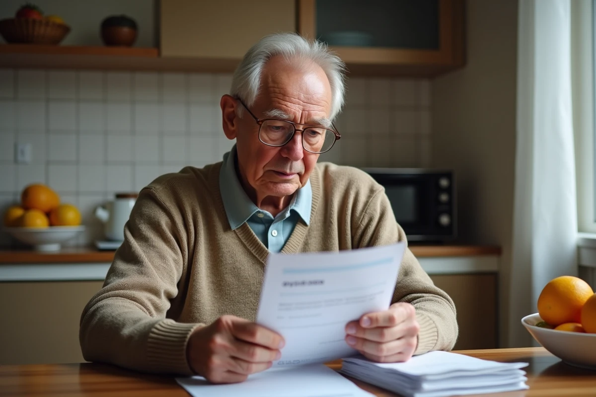 Homme &acirc;g&eacute; lisant une facture de vaccination &agrave; la maison