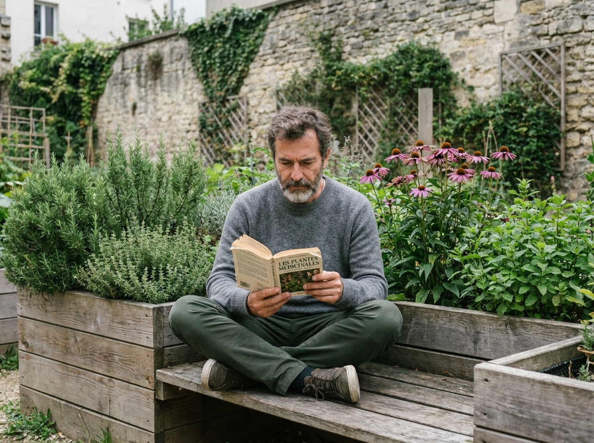 Homme d'une cinquantaine d'années lisant un livre sur les plantes médicinales dans un jardin d'herbes aromatiques urbain, phytothérapie