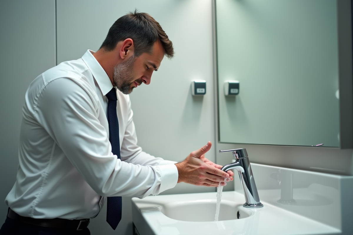 Homme se lavant les mains dans un lavabo public