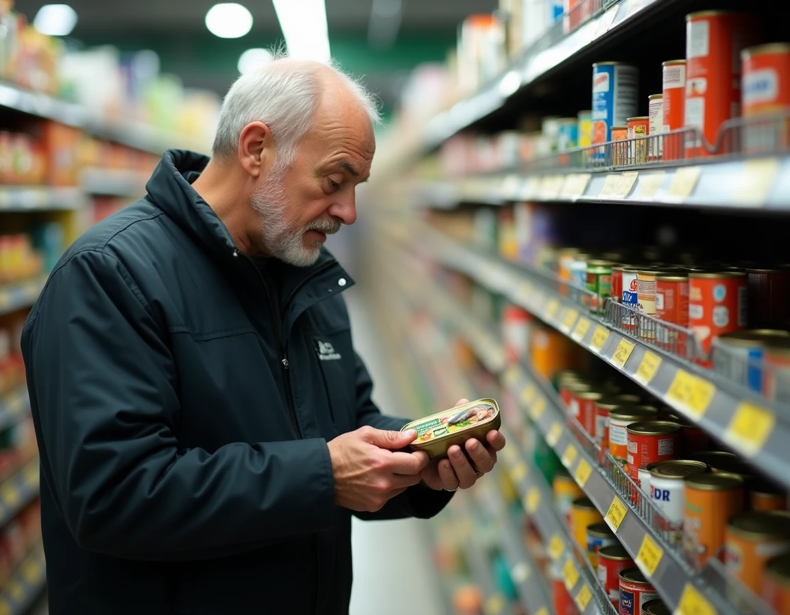Homme lisant attentivement l'étiquette d'une boîte de sardines dans un rayon de supermarché pour vérifier les labels et ingrédients