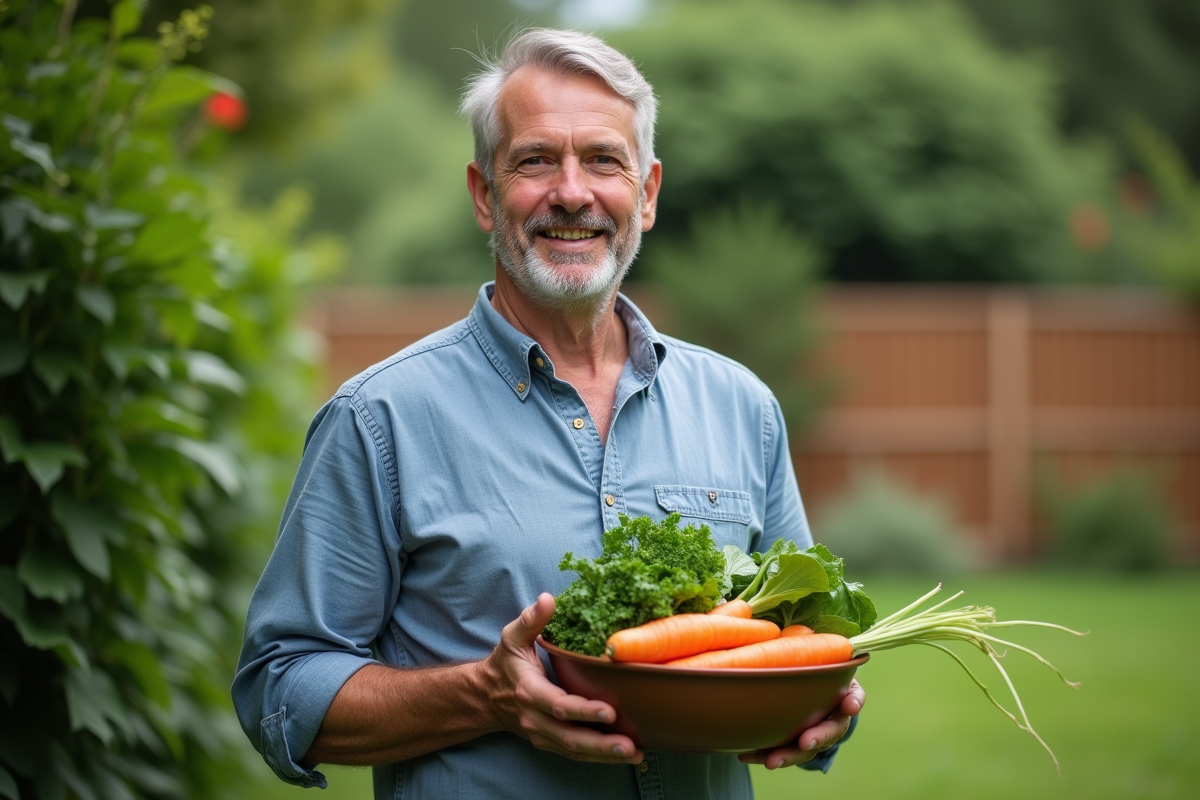 Homme souriant avec un bol de legumes frais dans un jardin