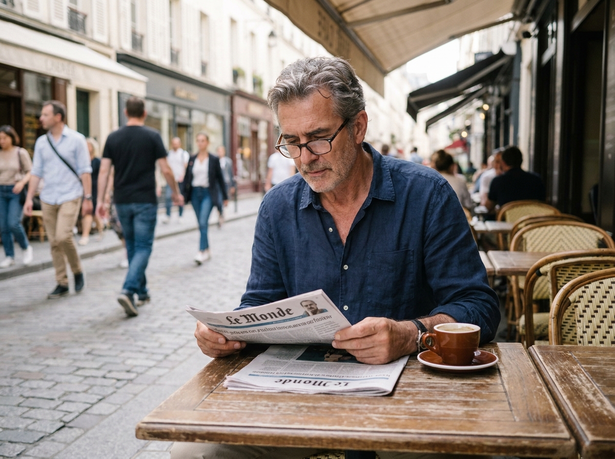 Homme d'âge mûr lisant sereinement un journal à une terrasse de café en ville grâce à ses nouvelles lunettes de lecture