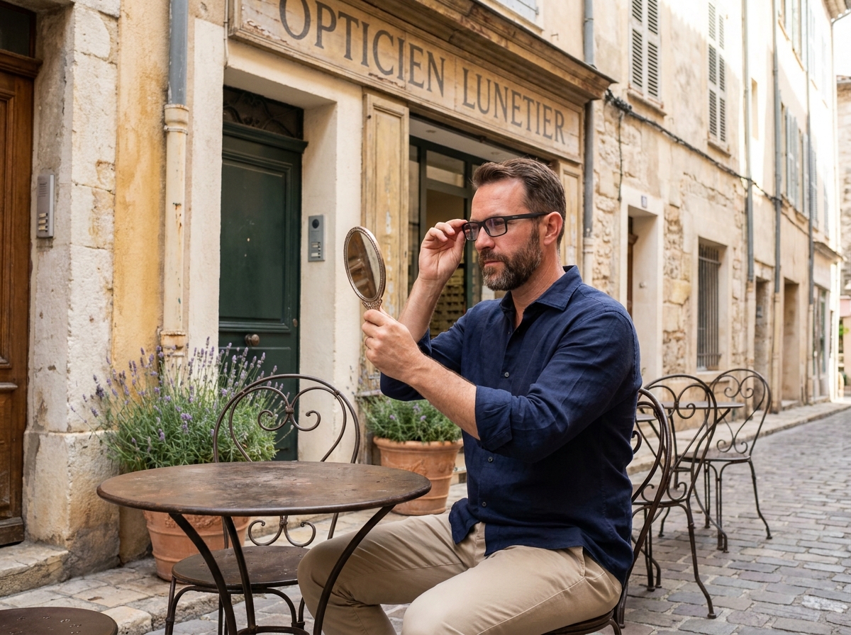 Homme essayant des lunettes modernes devant une boutique d'opticien dans une ruelle pittoresque d'Antibes