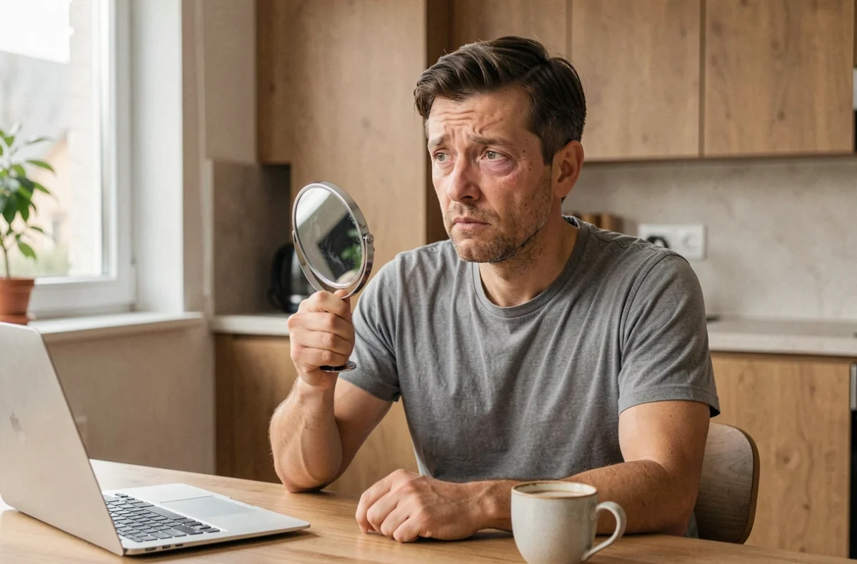 Homme observant son œil gonflé dans un miroir à la maison le matin avec un air préoccupé