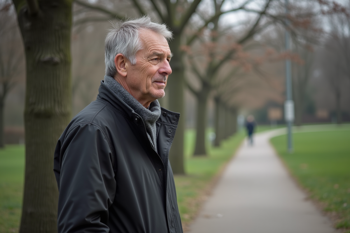 Homme âgé regardant le sol dans un parc au printemps