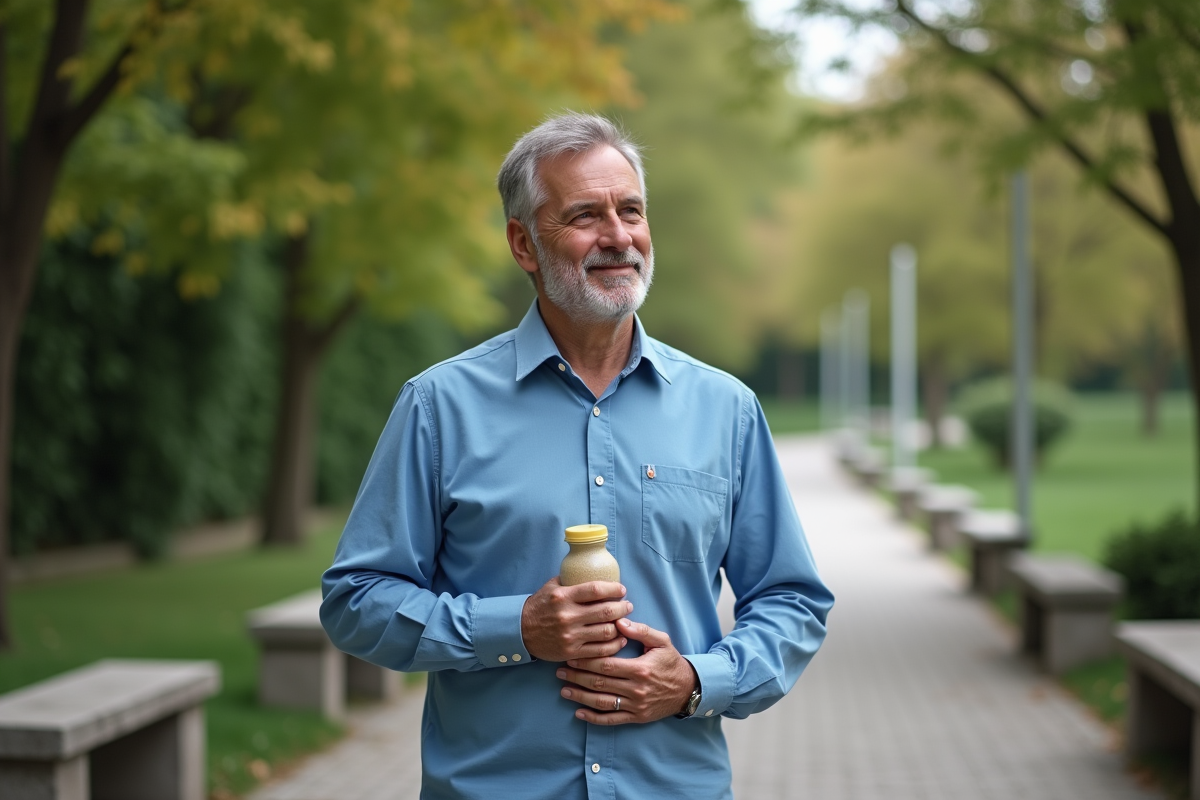 Homme dans un parc urbain tenant une bouteille d