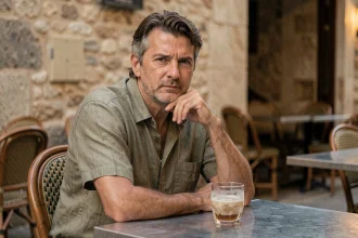 Homme pensif devant un verre de pastis sur une terrasse de café en France, illustrant les effets de l'alcool sur l'humeur