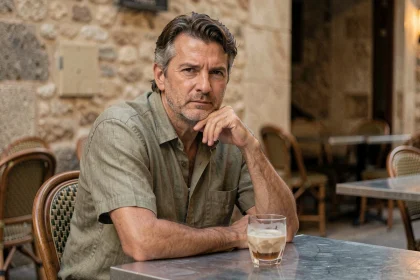 Homme pensif devant un verre de pastis sur une terrasse de café en France, illustrant les effets de l'alcool sur l'humeur