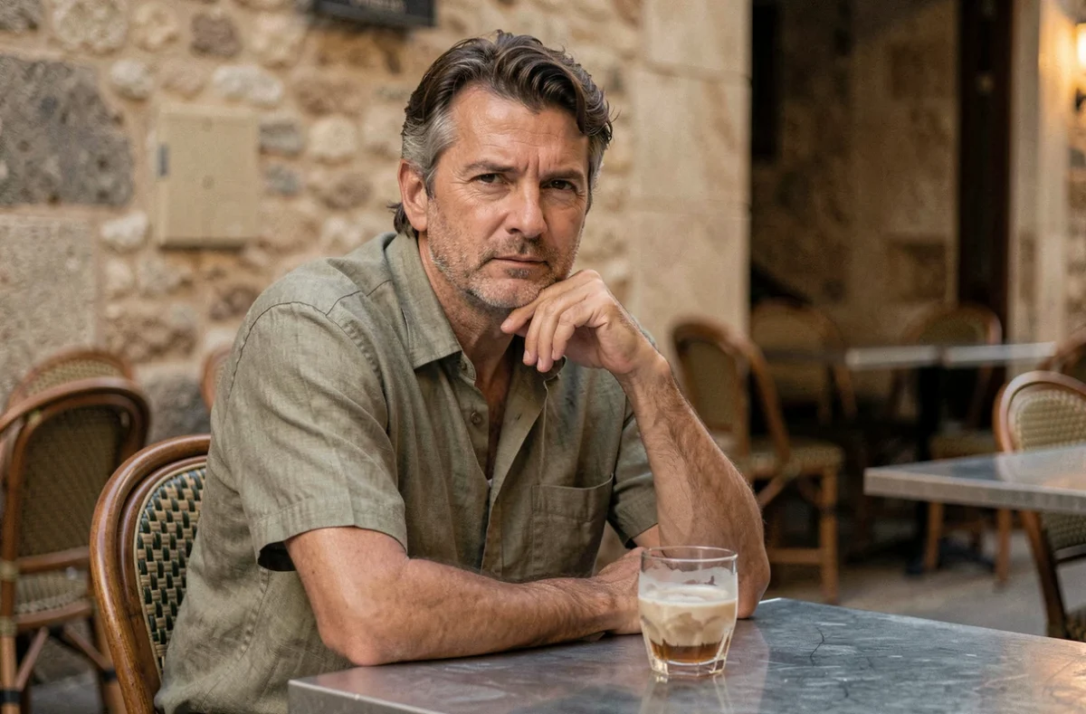 Homme pensif devant un verre de pastis sur une terrasse de café en France, illustrant les effets de l'alcool sur l'humeur