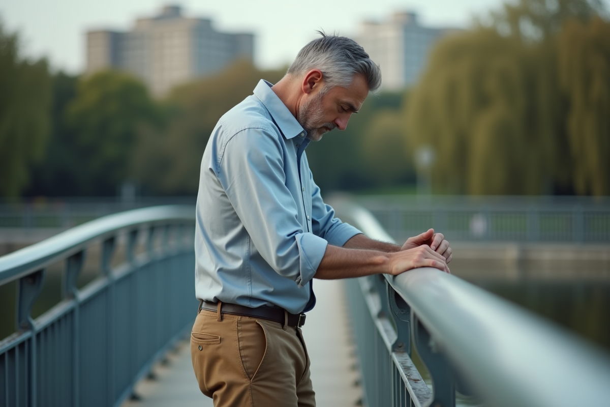 Homme en réflexion sur un pont urbain au parc