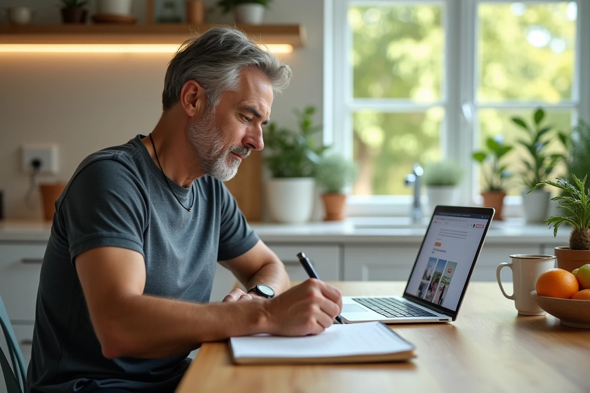 Homme &eacute;crivant dans un journal de bien-&ecirc;tre dans une cuisine lumineuse