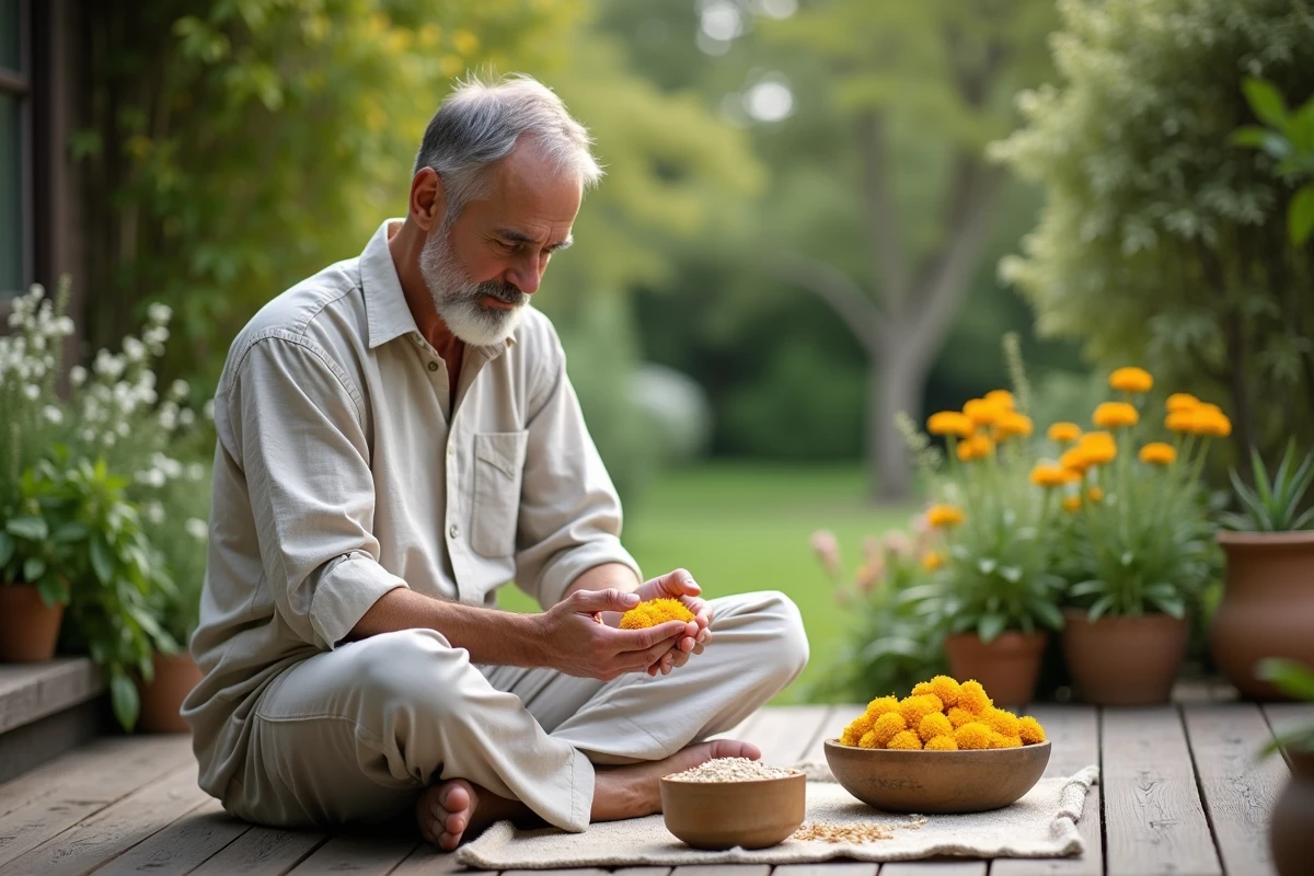 Homme en plein soin naturel avec calendula dans un jardin