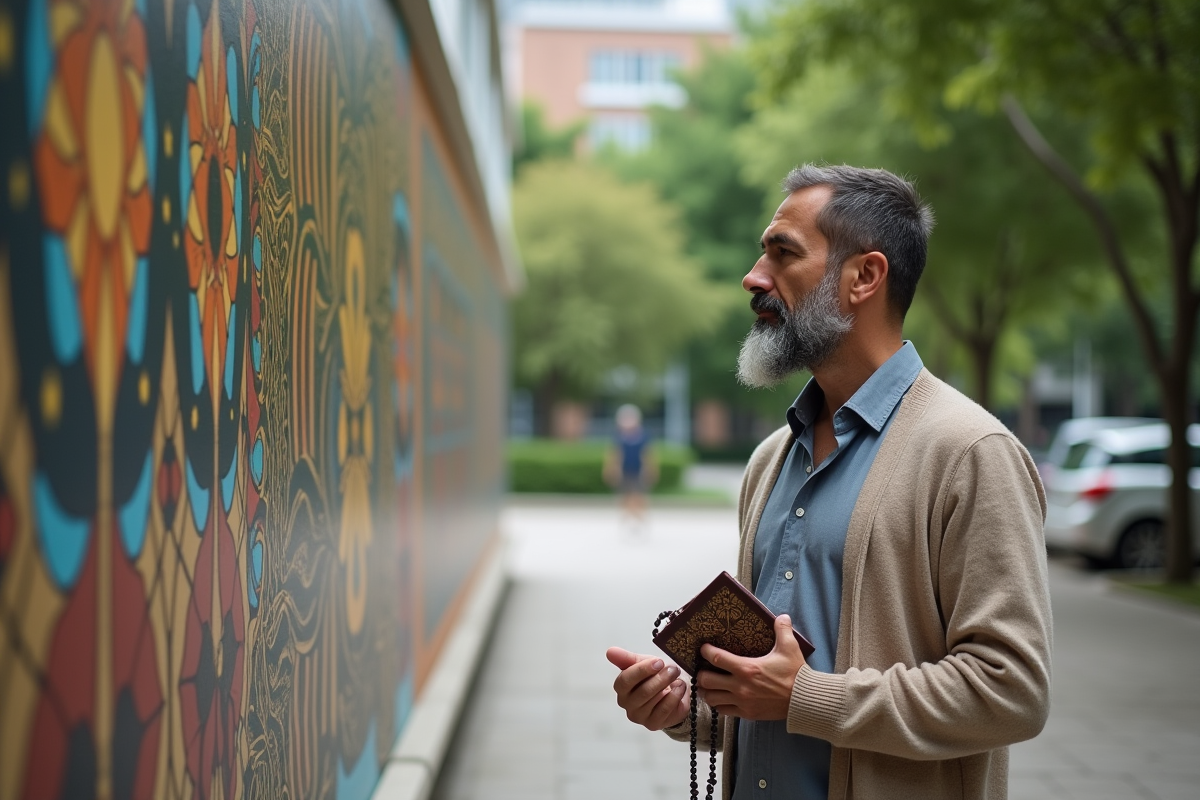 Homme avec chapelet devant un mural dans un parc