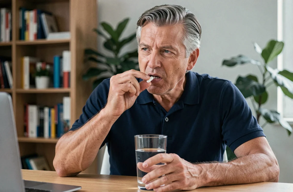 Homme adulte prenant un complément alimentaire en capsule avec un verre d'eau à son bureau à domicile