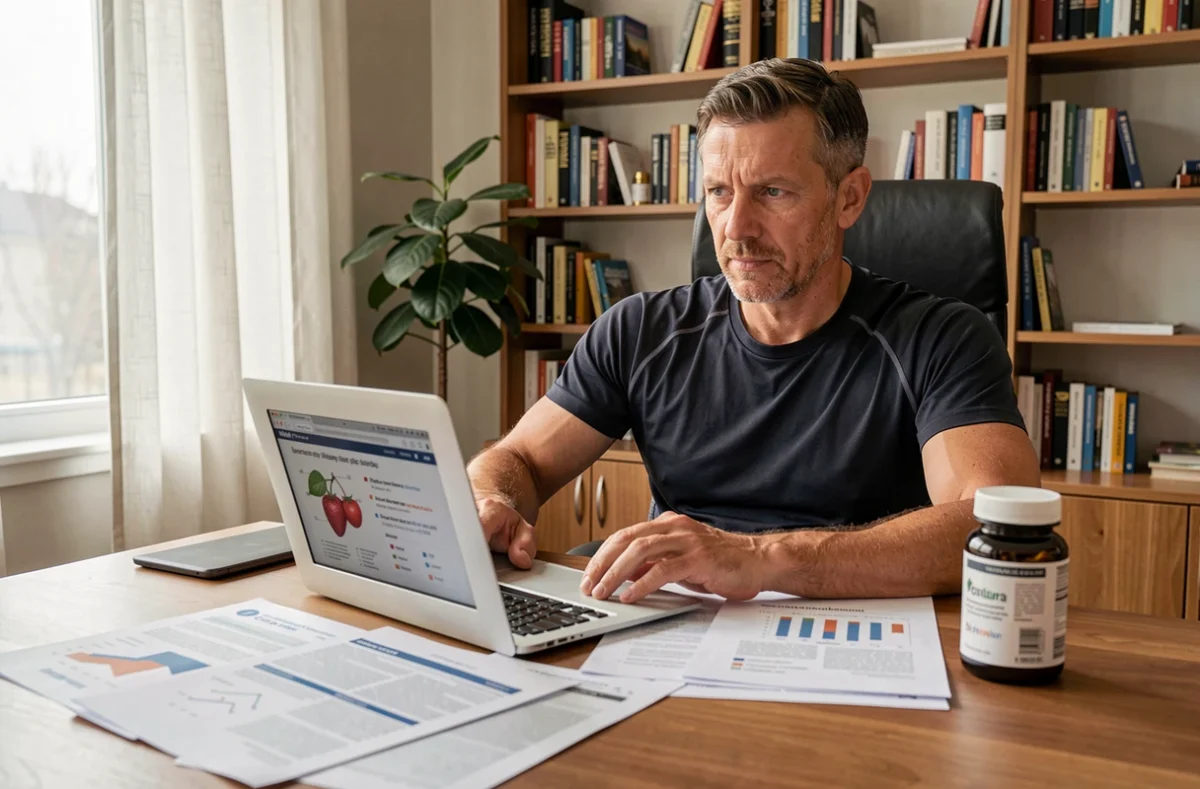 Homme analysant des études scientifiques sur la perte de poids et les compléments alimentaires à son bureau
