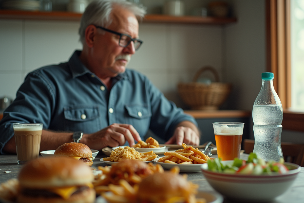 Homme d'âge moyen mangeant un repas rapide et salade