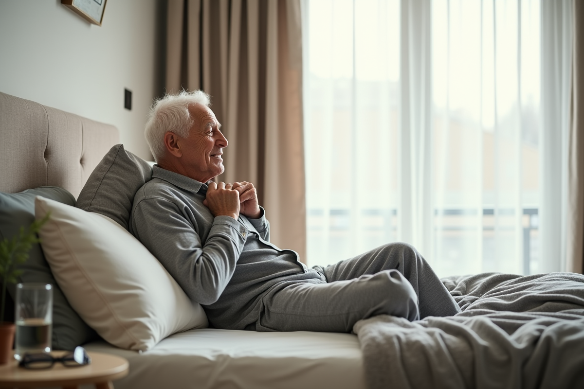 Homme âgé ajustant son oreiller dans une chambre moderne