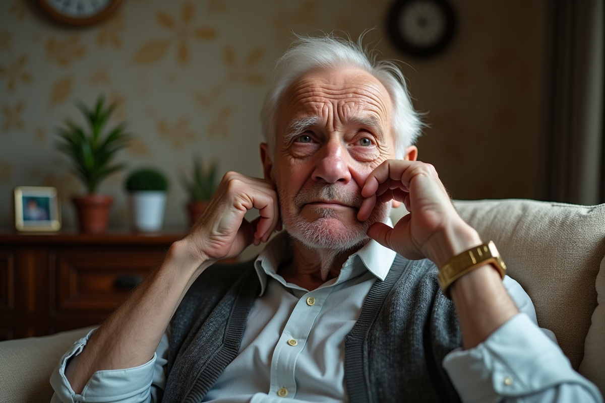 Homme âgé assis sur un canapé dans son salon pensif