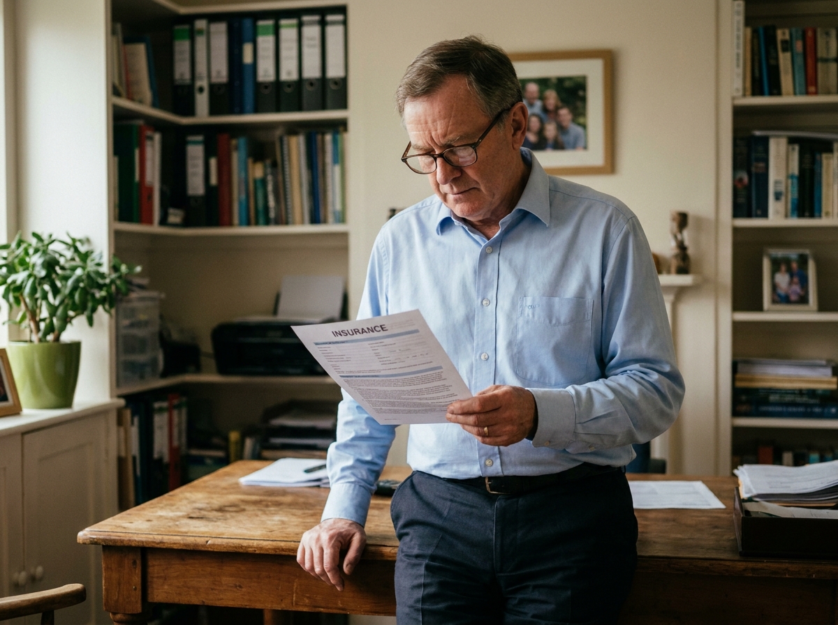 Homme senior examinant un document d'assurance dans son bureau à domicile pour préparer sa retraite