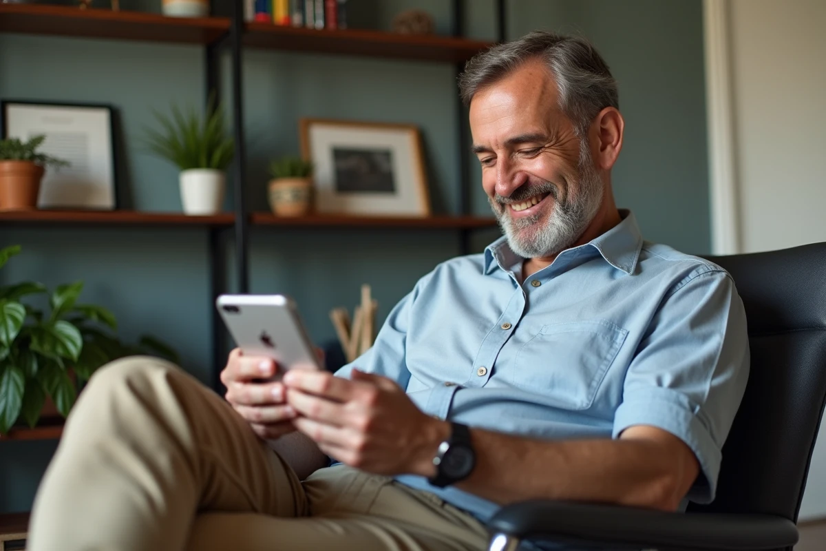 Homme d&eacute;tendu utilisant son smartphone dans un bureau &agrave; domicile