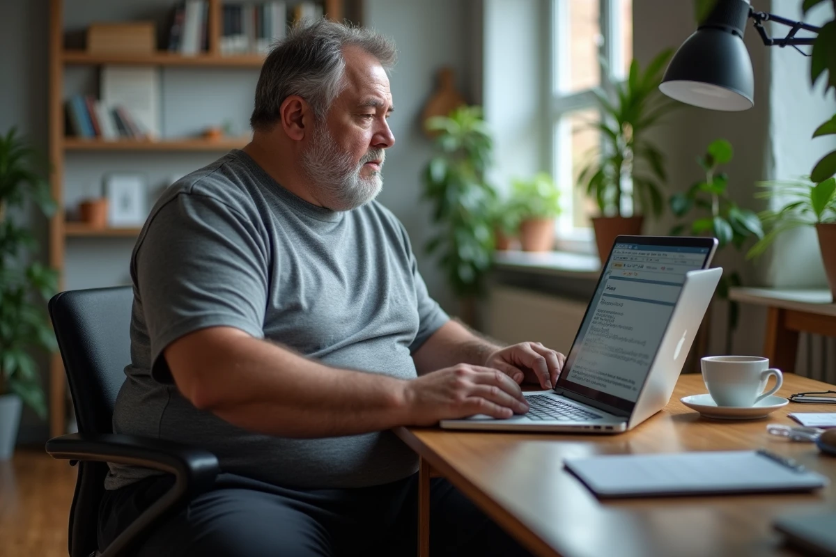 Homme en surpoids consultant un blog de perte de poids sur ordinateur portable avec un carnet d'objectifs et une balance dans un bureau à domicile