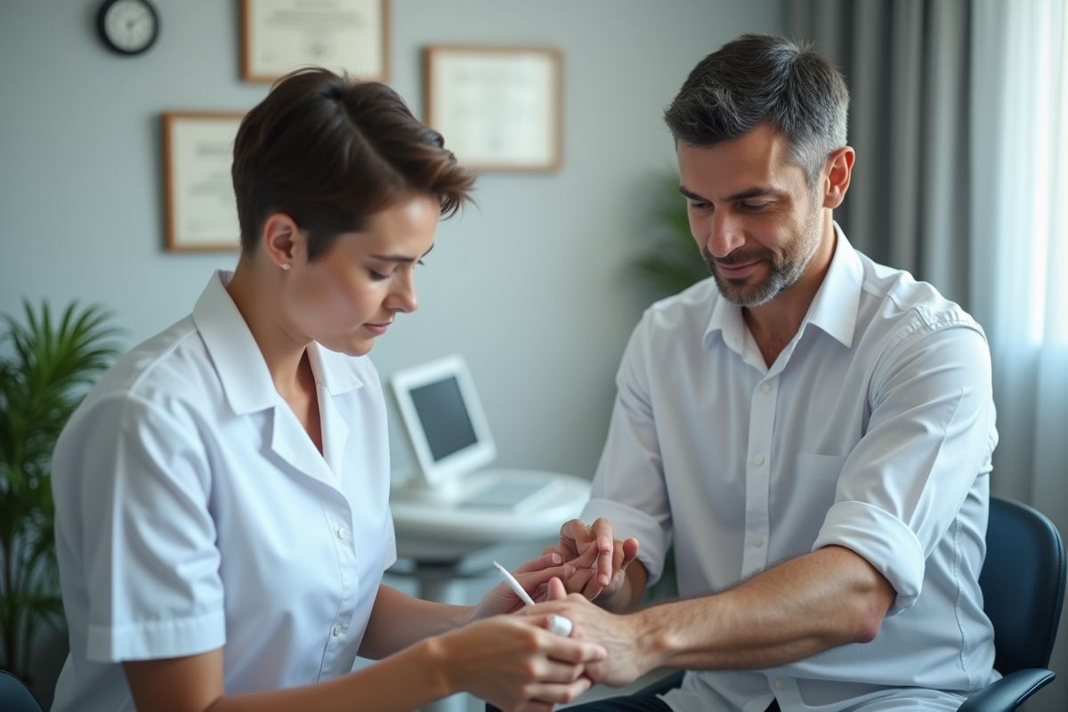 Homme lors d’un test allergie par un professionnel en clinique