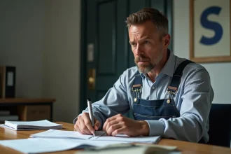 Homme en tenue de travail au bureau en train de lire des documents