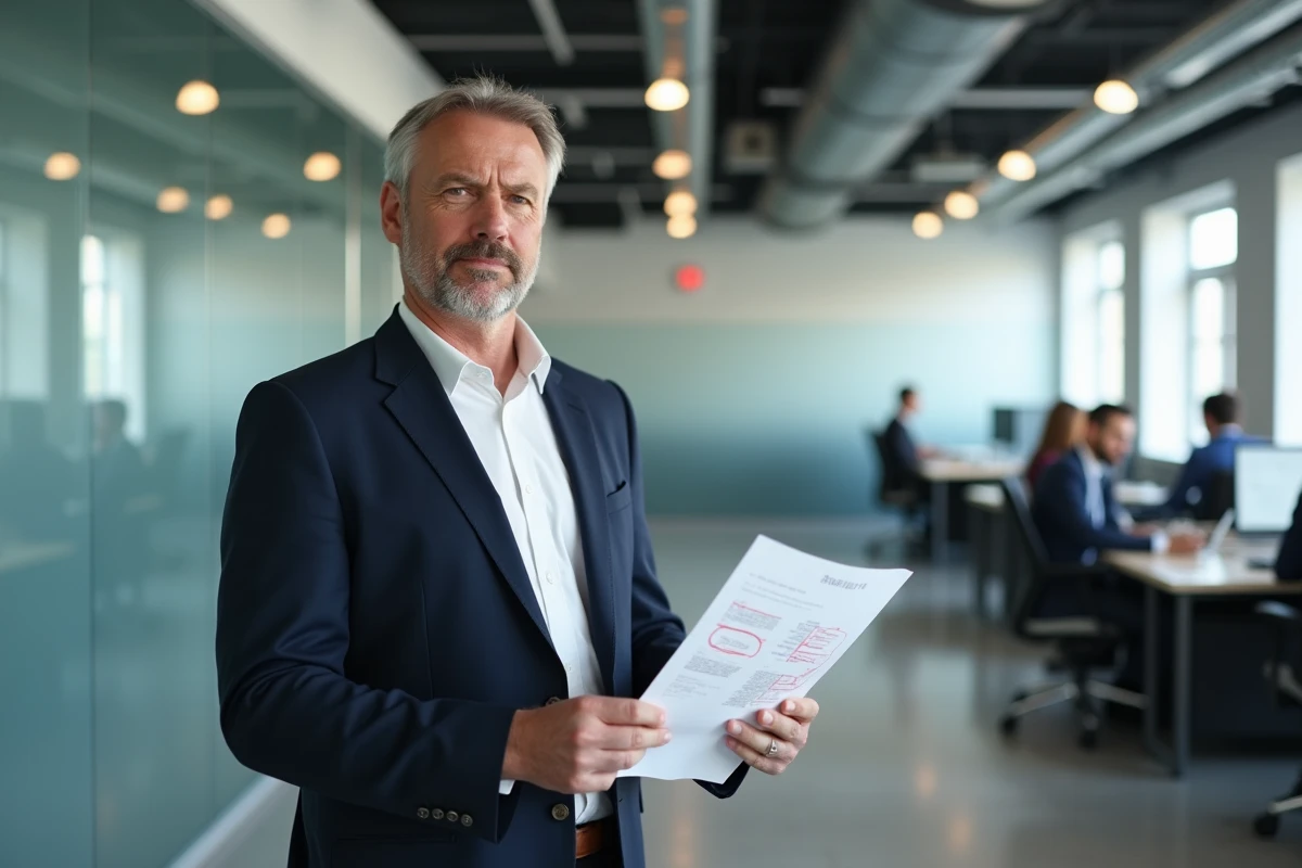 Homme en costume analysant un document imprimé avec des annotations dans un bureau moderne, symbolisant la vérification de témoignages marketing suspects