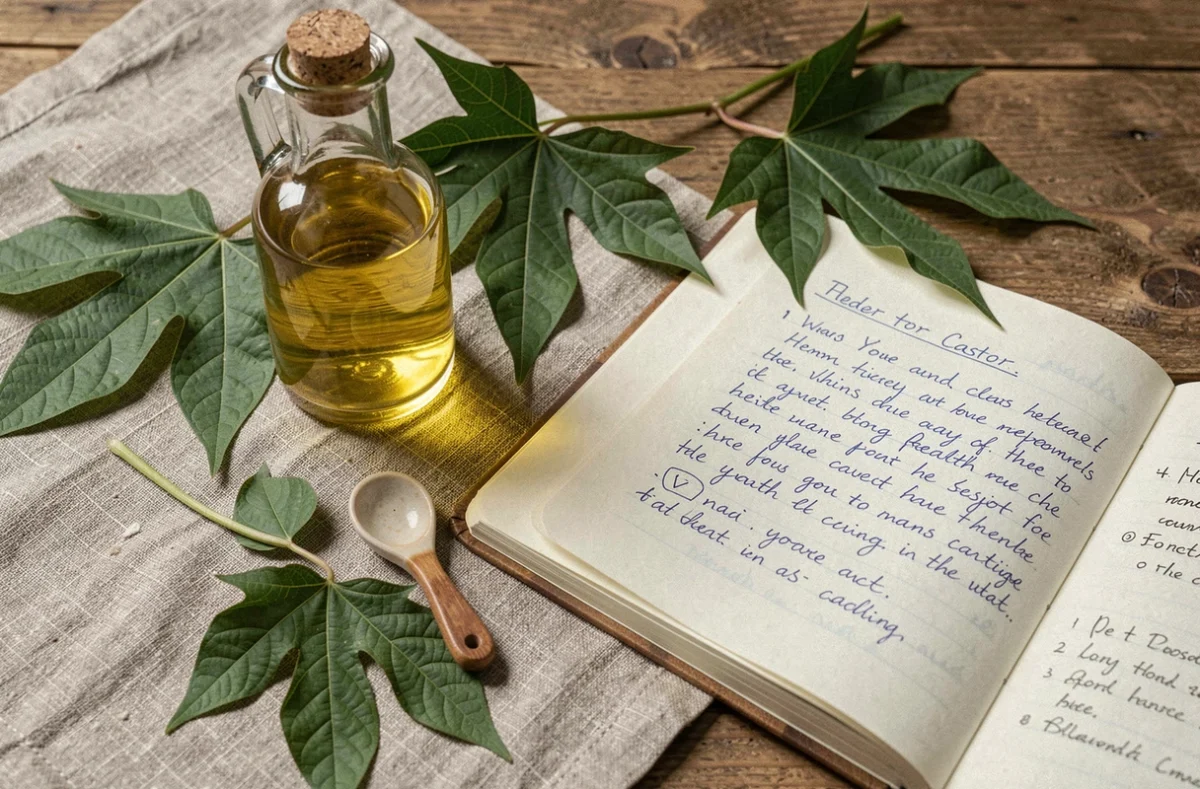 Composition rustique avec flacon d'huile de ricin, feuilles de ricin et carnet de notes sur une table en bois