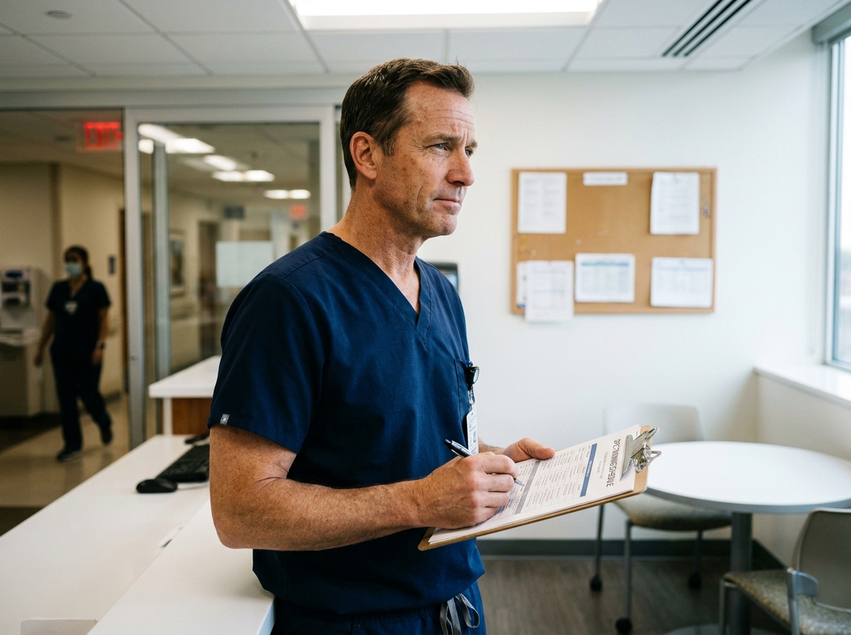 Infirmier en hôpital consultant son planning de formation continue DPC sur un clipboard dans une salle de pause médicale