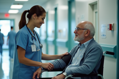 Infirmière vérifiant le pouls d'un patient âgé en fauteuil