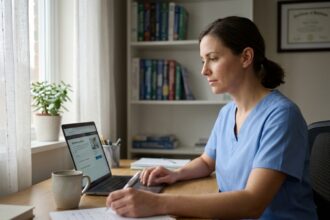 Infirmière en tenue médicale consultant une plateforme de formation DPC sur son ordinateur portable à son bureau à domicile