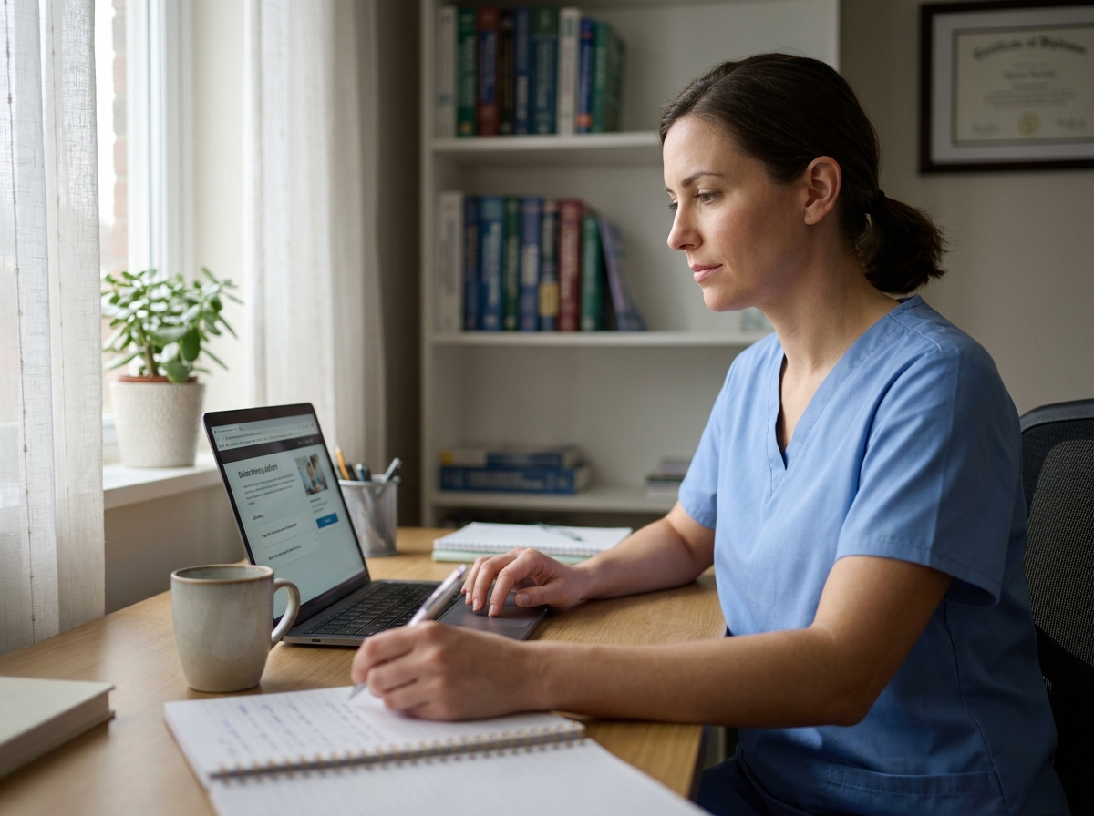 Infirmière en tenue médicale consultant une plateforme de formation DPC sur son ordinateur portable à son bureau à domicile