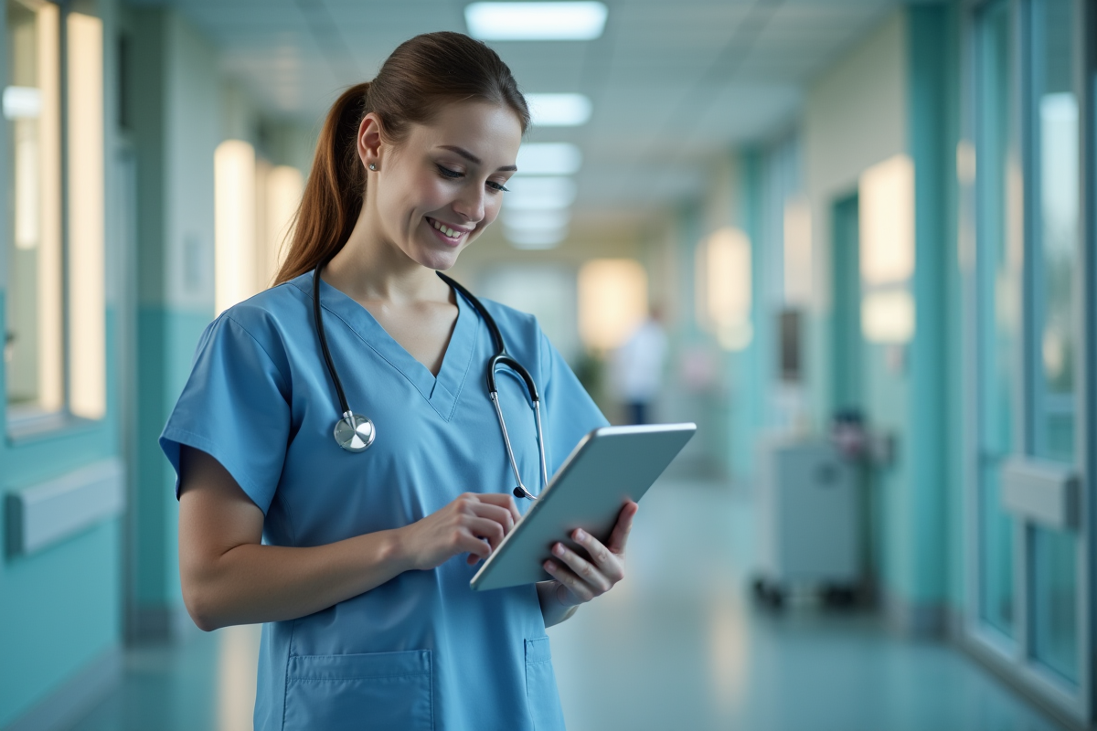 Infirmière dans un hôpital moderne consulte un dossier
