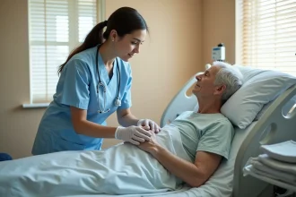 Infirmière en gériatrie inspectant la zone sacro-coccygienne d'un patient alité pour prévenir les escarres fessières