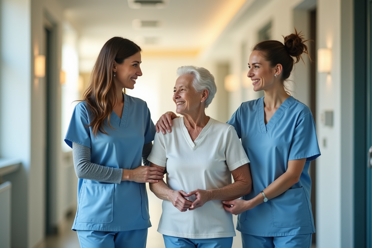 Infirmiers soutenant un patient âgé dans un couloir lumineux