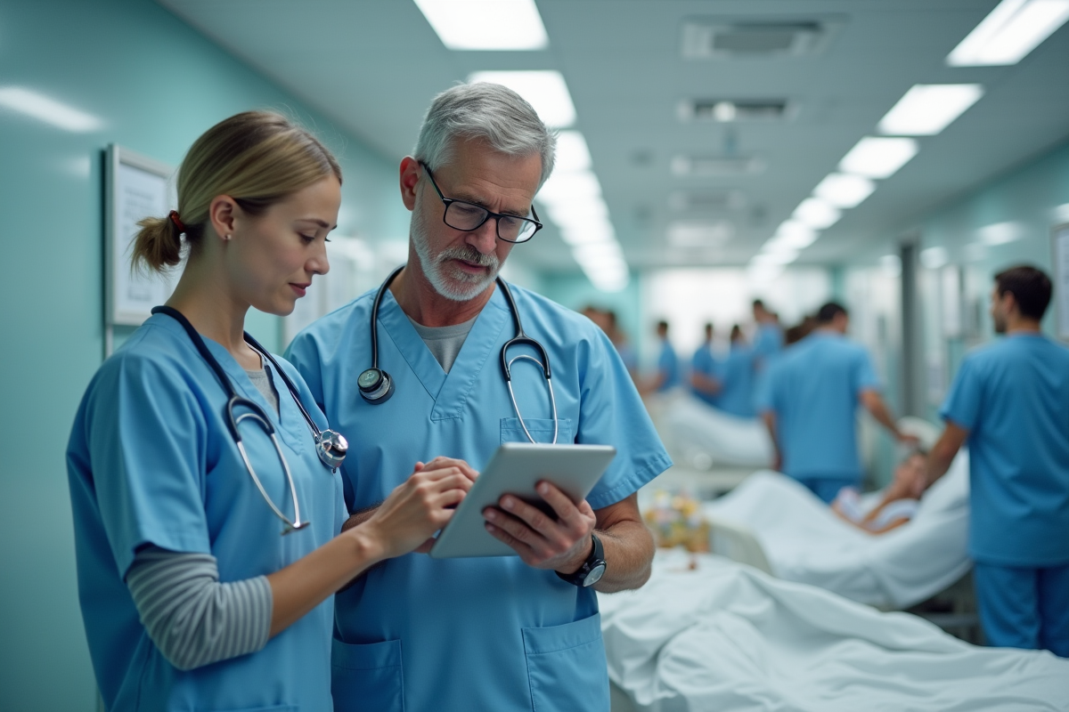 Infirmiers examinant un dossier médical au lit du patient
