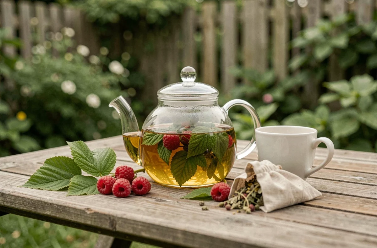 Infusion de feuilles de framboisier dans une théière en verre sur une table de jardin en bois entourée de plantes vertes pour un rituel bien-être naturel