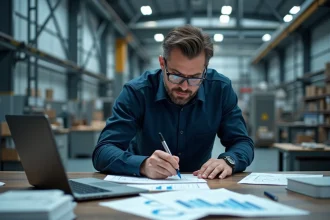 Ingénieur PME industrielle analysant des tableaux de bord BI sur ordinateur portable et rapports imprimés dans un bureau d'usine