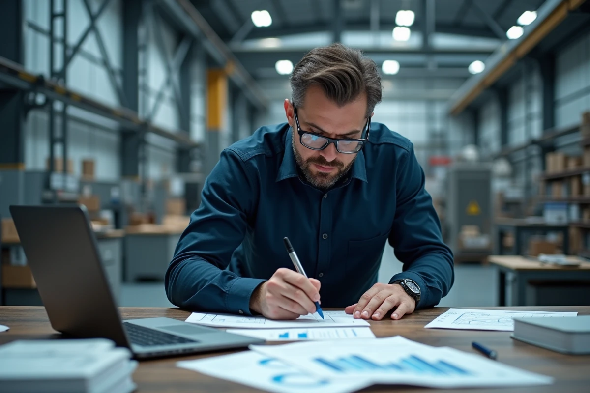 Ingénieur PME industrielle analysant des tableaux de bord BI sur ordinateur portable et rapports imprimés dans un bureau d'usine