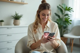Femme consultant son téléphone avec une photo Instagram de sourire parfait dans une salle d'attente dentaire moderne, illustrant l'écart entre réseaux sociaux et réalité des soins dentaires The Smilist
